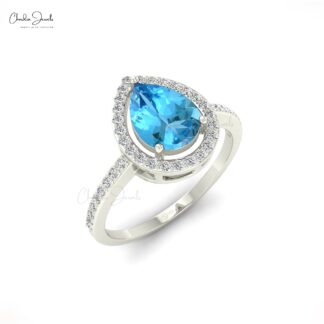 Pear Cut Halo Ring With 8x6mm Swiss Blue Topaz And Diamond 14k Real Gold Engagement Ring
