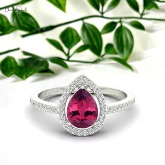 Delicate Halo Bridal Ring In 14k Solid Gold Pink Tourmaline 1.3 Ct Pear And Diamond Rings