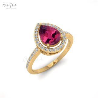 Delicate Halo Bridal Ring In 14k Solid Gold Pink Tourmaline 1.3 Ct Pear And Diamond Rings