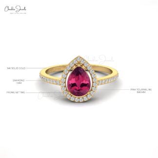 Delicate Halo Bridal Ring In 14k Solid Gold Pink Tourmaline 1.3 Ct Pear And Diamond Rings