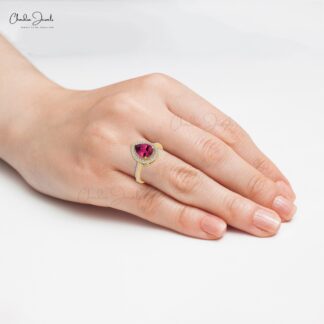 Delicate Halo Bridal Ring In 14k Solid Gold Pink Tourmaline 1.3 Ct Pear And Diamond Rings