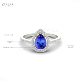 Natural Tanzanite Halo Ring In Solid 14k Gold Diamond Studded December Birthstone Ring