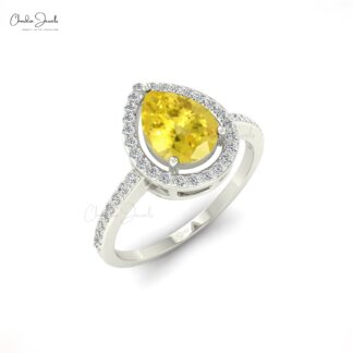 Diamond Halo Promise Ring with 1.3 Ct Yellow Sapphire Prong Set In 14k Real Gold Ring