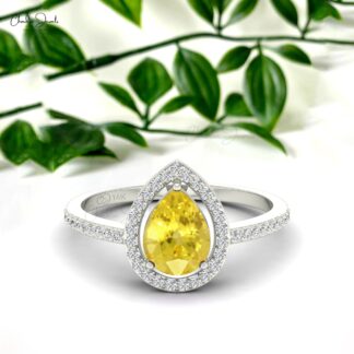 Diamond Halo Promise Ring with 1.3 Ct Yellow Sapphire Prong Set In 14k Real Gold Ring