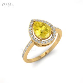 Diamond Halo Promise Ring with 1.3 Ct Yellow Sapphire Prong Set In 14k Real Gold Ring