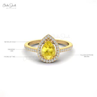 Diamond Halo Promise Ring with 1.3 Ct Yellow Sapphire Prong Set In 14k Real Gold Ring