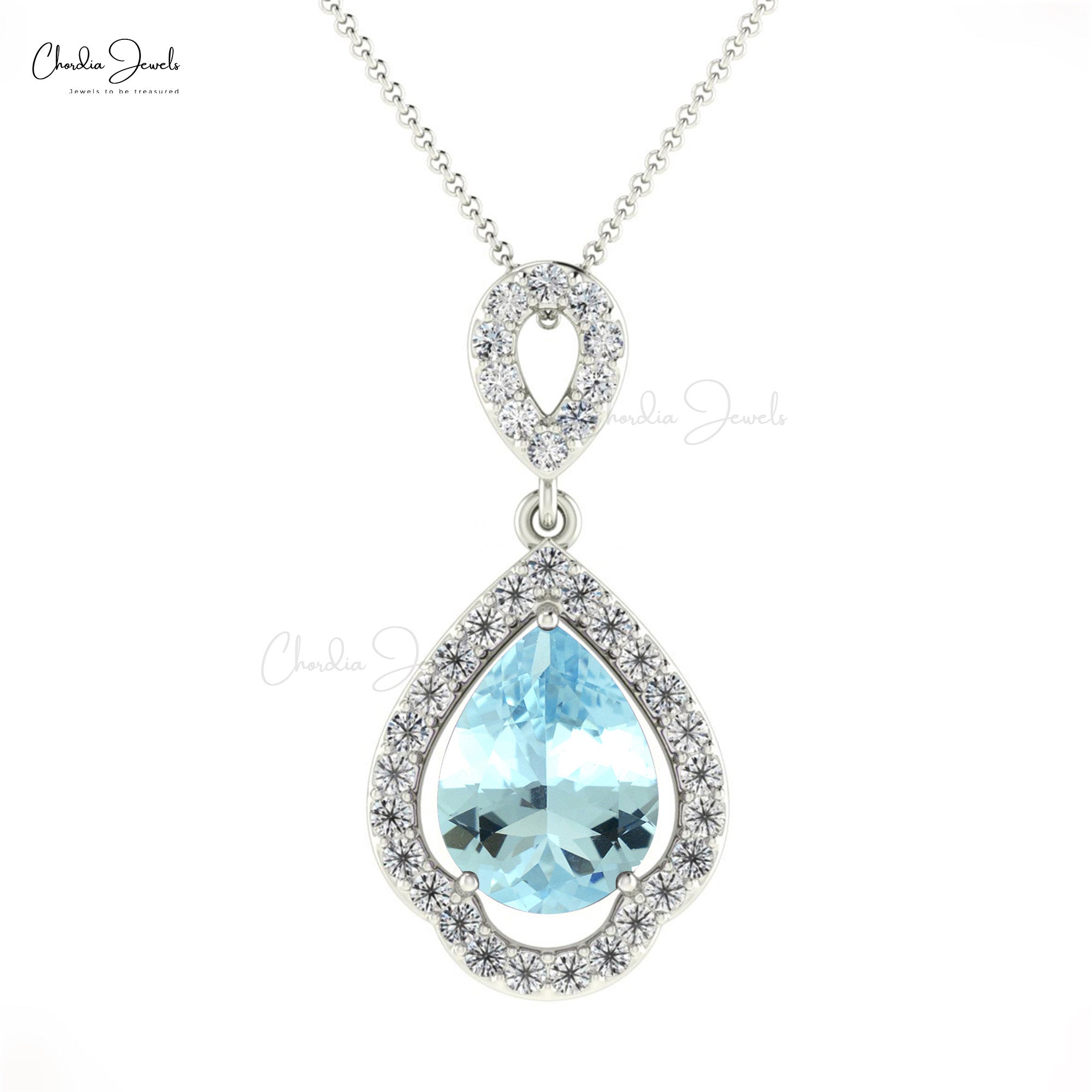 Pear Cut Art Deco Pendant In 14k Pure Gold Aquamarine Diamond Wedding Pendant For Her