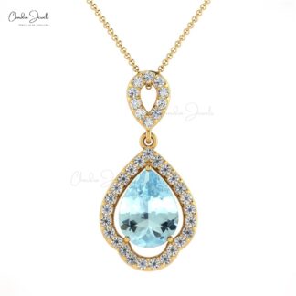 Pear Cut Art Deco Pendant In 14k Pure Gold Aquamarine Diamond Wedding Pendant For Her