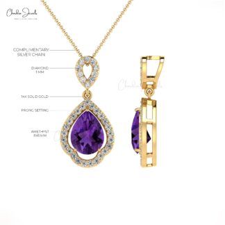 Statement Diamond Pendant With 8x6mm Amethyst Art Deco Handmade Pendants In 14k Solid Gold