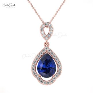 Halo Diamond Bridal Pendant With Pear Blue Sapphire Prong Set In 14k Gold Art Deco Pendant