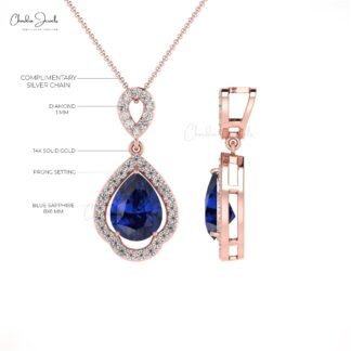Halo Diamond Bridal Pendant With Pear Blue Sapphire Prong Set In 14k Gold Art Deco Pendant