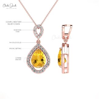 Genuine Citrine & Diamond Halo Pendant In 14k Real Gold