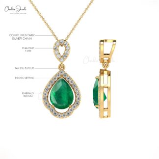 Art Deco Pendant With 1.17ct Emerald Gemstone 14k Solid Gold Diamond Halo Classic Pendant