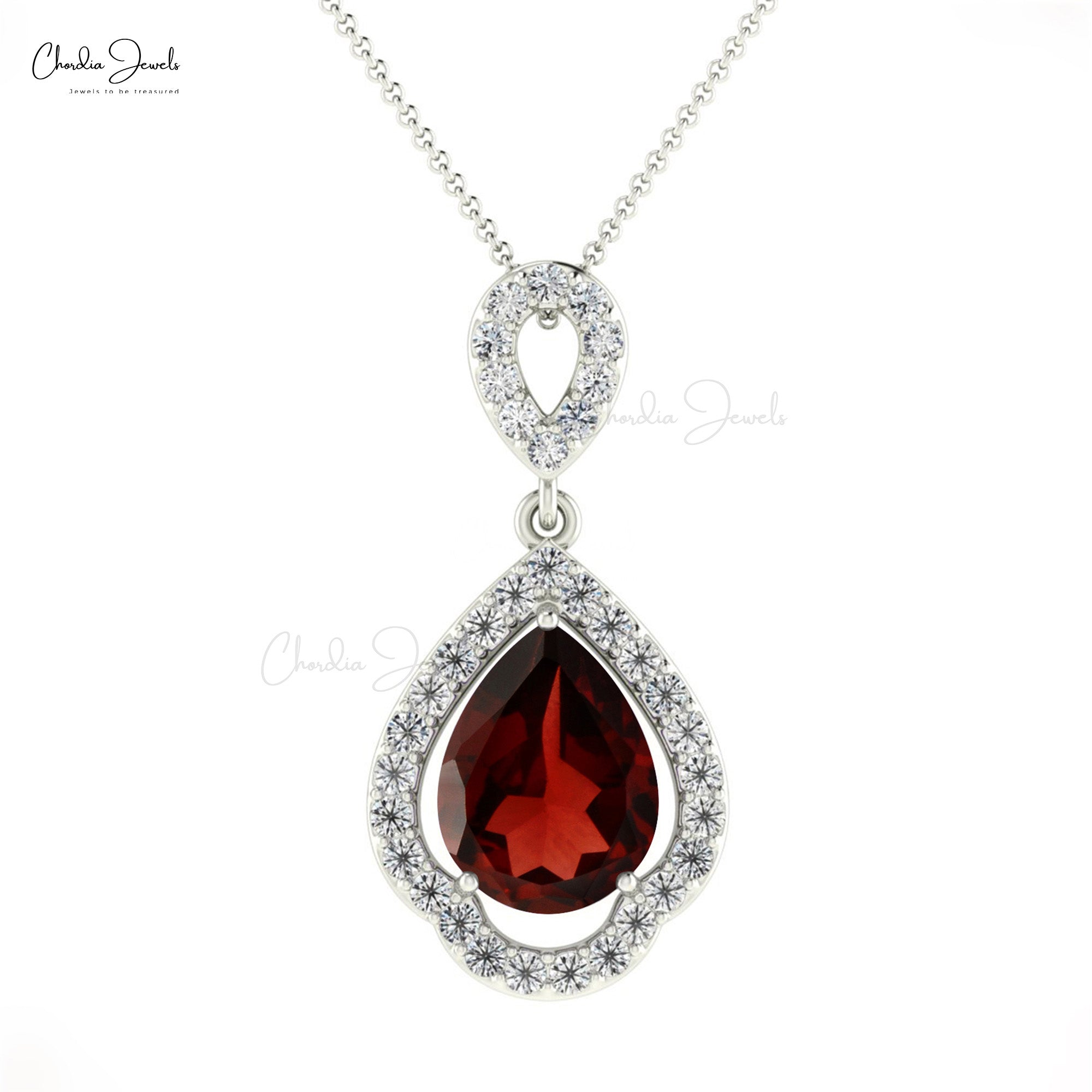 Art Deco Tear Drop Pendant In 14k Real Gold Garnet And Pave Diamond Unique Fine Jewelry