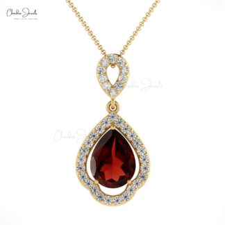 Art Deco Tear Drop Pendant In 14k Real Gold Garnet And Pave Diamond Unique Fine Jewelry