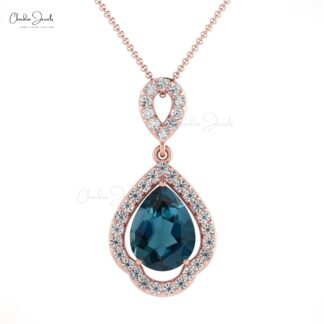 Art Deco Diamond Pendant With 8x6mm London Blue Topaz Prong Set In 14k Real Gold Necklace