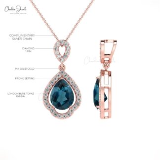 Art Deco Diamond Pendant With 8x6mm London Blue Topaz Prong Set In 14k Real Gold Necklace