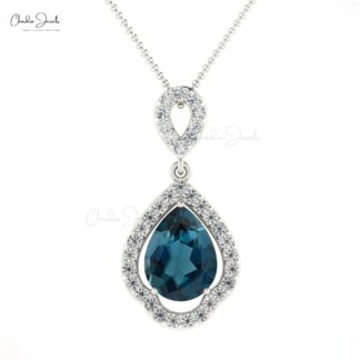 Art Deco Diamond Pendant With 8x6mm London Blue Topaz Prong Set In 14k Real Gold Necklace