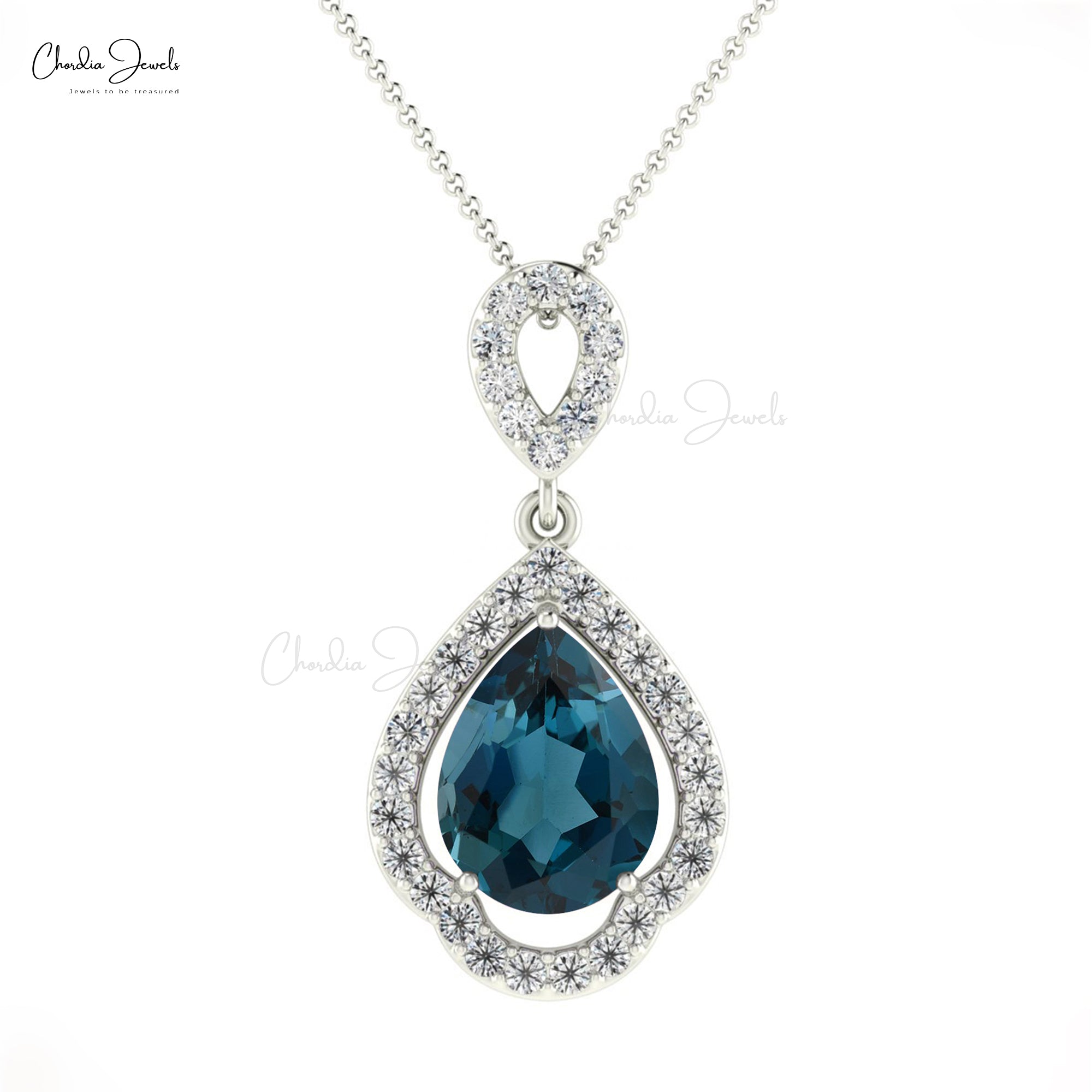 Art Deco Diamond Pendant With 8x6mm London Blue Topaz Prong Set In 14k Real Gold Necklace