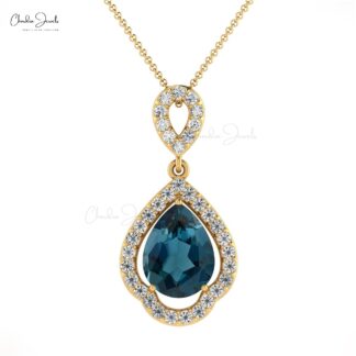 Art Deco Diamond Pendant With 8x6mm London Blue Topaz Prong Set In 14k Real Gold Necklace