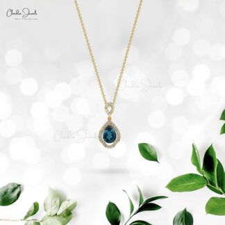 Art Deco Diamond Pendant With 8x6mm London Blue Topaz Prong Set In 14k Real Gold Necklace