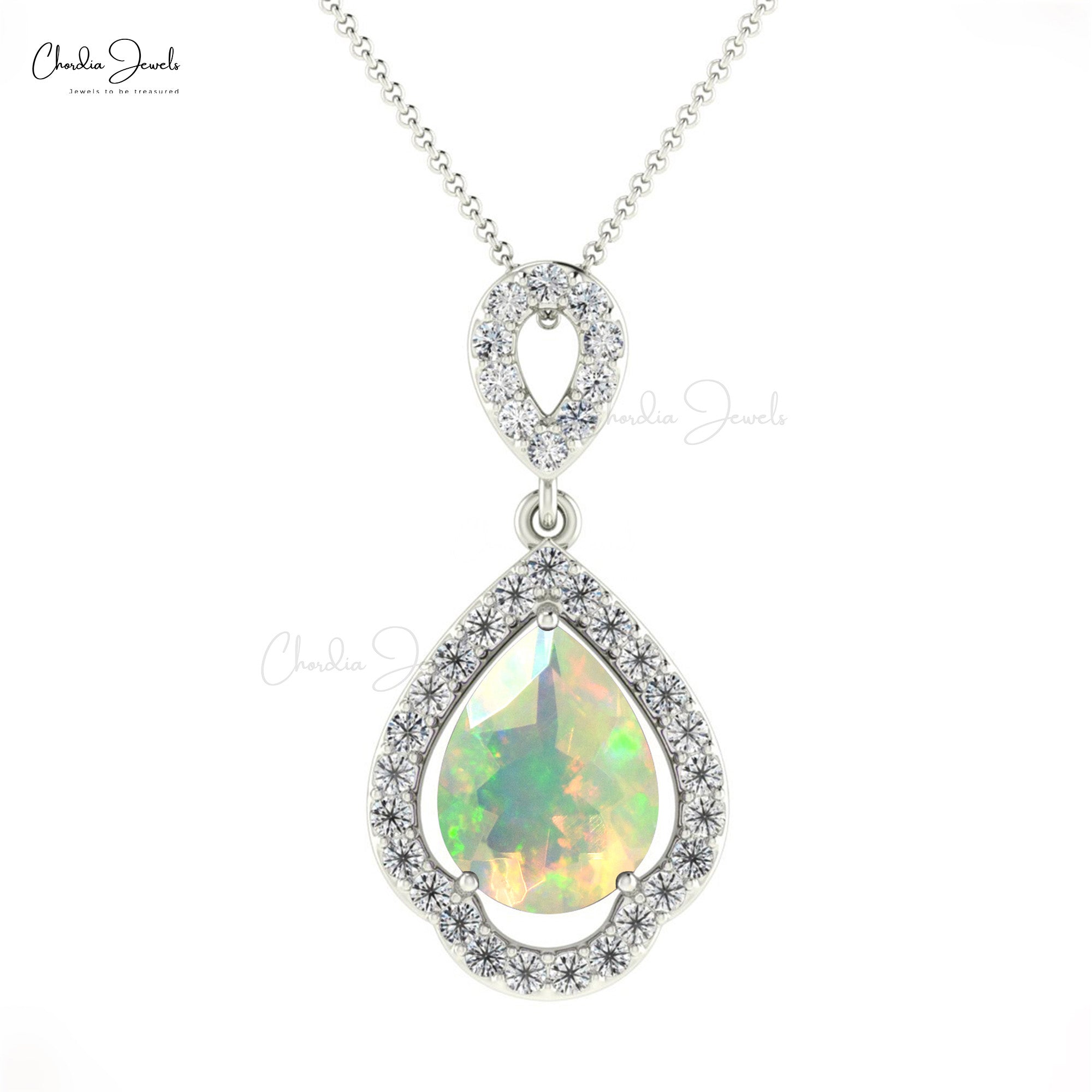 Genuine Opal Dangle Pendant With Pave Diamond Accents In 14k Real Gold Art Deco Jewelry