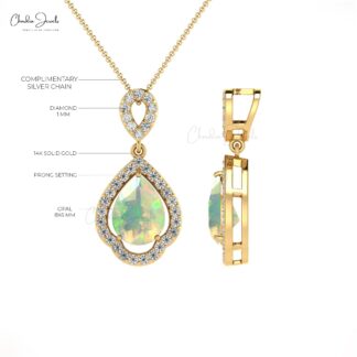 Genuine Opal Dangle Pendant With Pave Diamond Accents In 14k Real Gold Art Deco Jewelry
