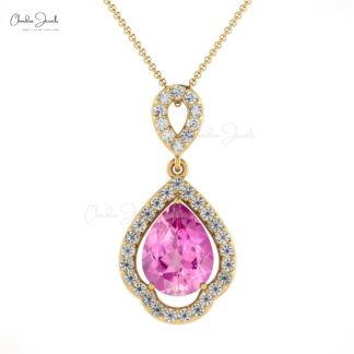 Real 14k Gold Diamond with 8x6mm Pink Sapphire Gemstone Art Deco Pendant For Her