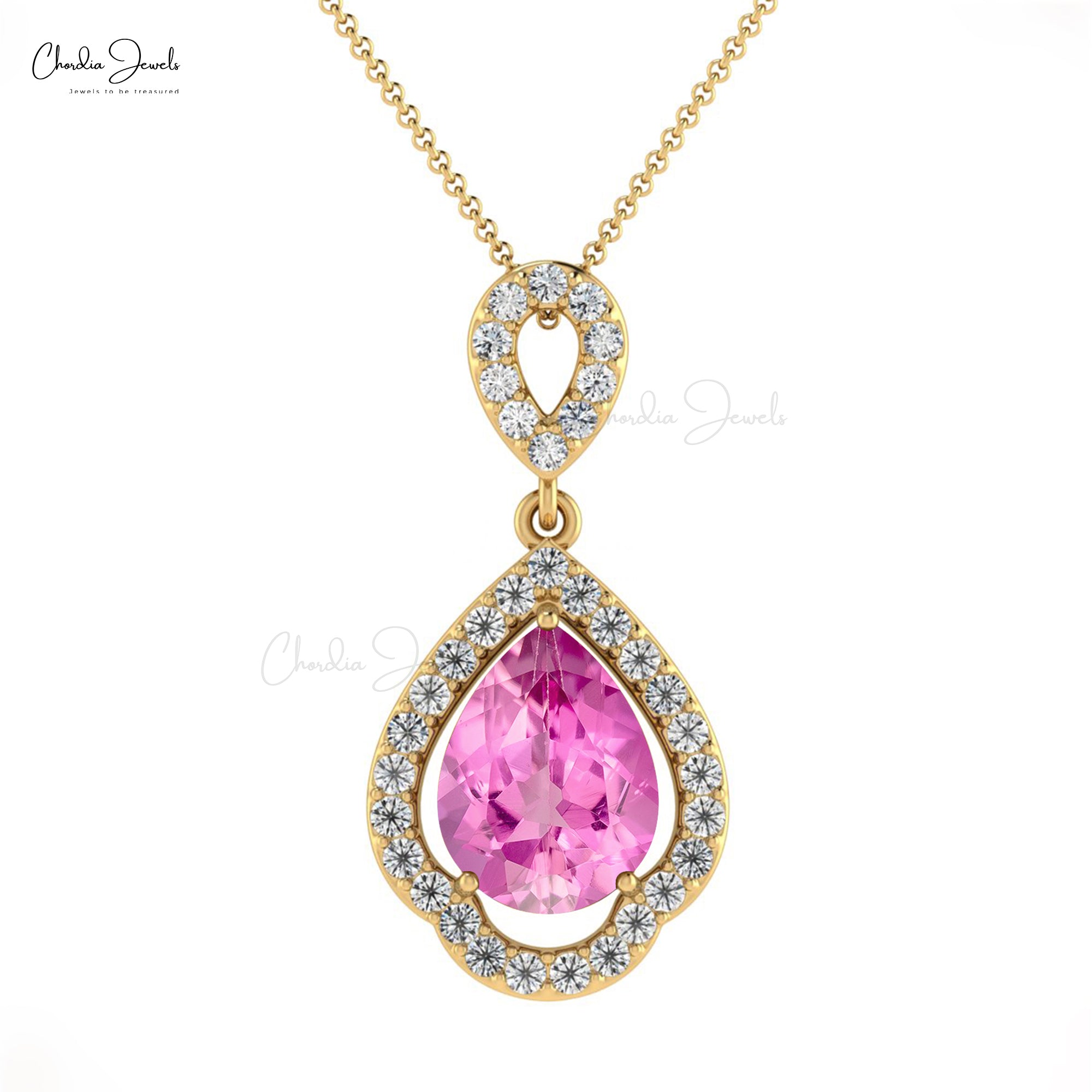 Real 14k Gold Diamond with 8x6mm Pink Sapphire Gemstone Art Deco Pendant For Her