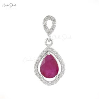 Dangling Art Deco Pendant In 14k White Gold Burma Ruby 8x6mm Pear And Diamond Pendants