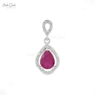 Dangling Art Deco Pendant In 14k White Gold Burma Ruby 8x6mm Pear And Diamond Pendants