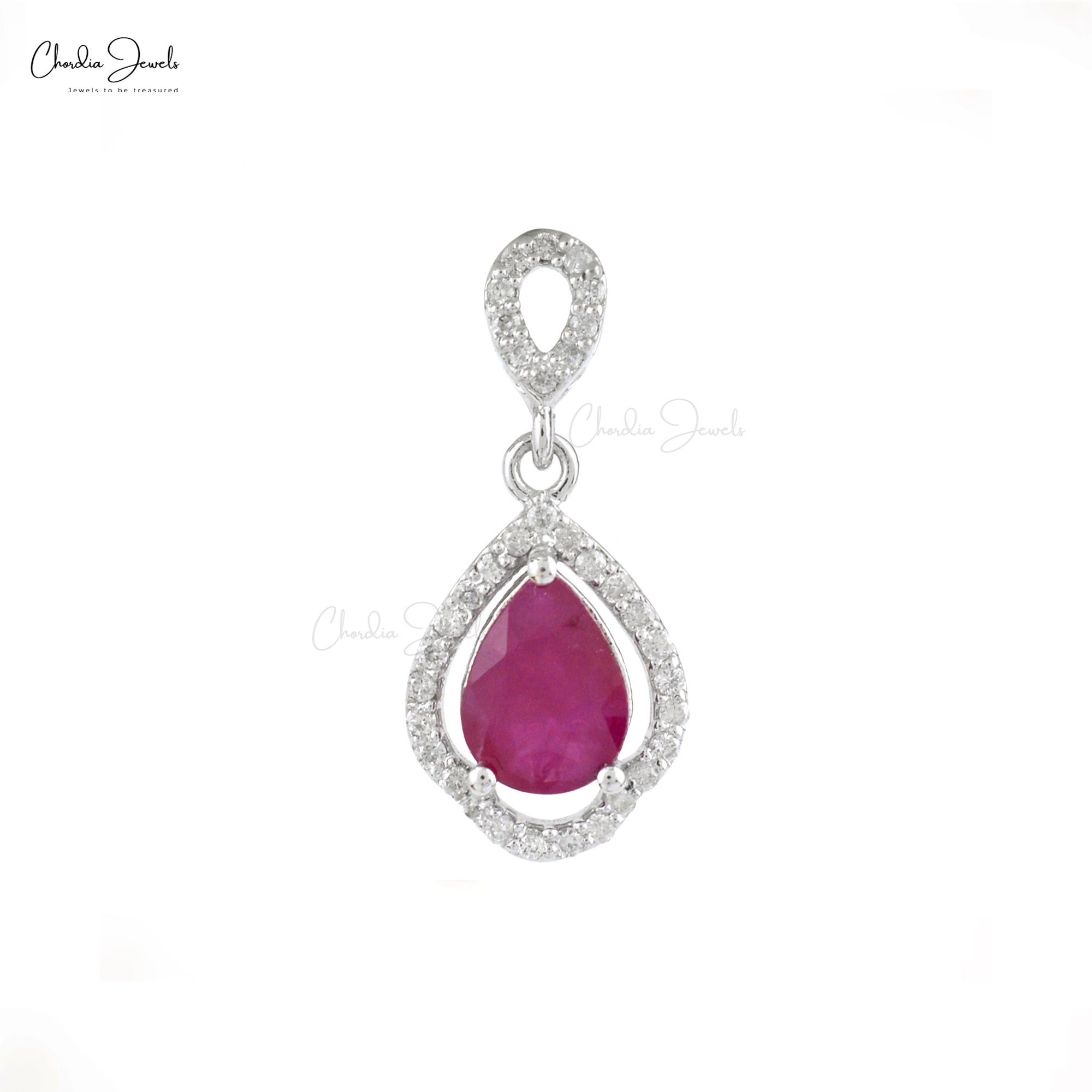Dangling Art Deco Pendant In 14k White Gold Burma Ruby 8x6mm Pear And Diamond Pendants