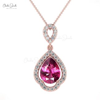 Dangle Diamond Pendant With 1.3 Ct Rhodolite Garnet Prong Art Deco Pendant In 14k Gold