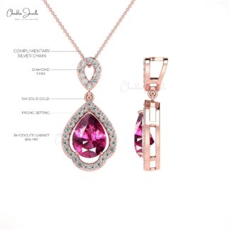 Dangle Diamond Pendant With 1.3 Ct Rhodolite Garnet Prong Art Deco Pendant In 14k Gold