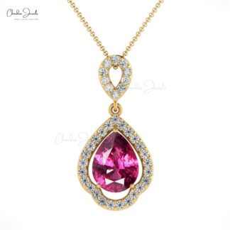 Dangle Diamond Pendant With 1.3 Ct Rhodolite Garnet Prong Art Deco Pendant In 14k Gold