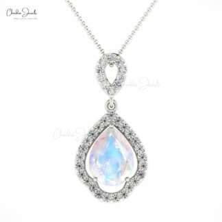 Pure 14k Gold Art Deco Pendant In 8x6mm Rainbow Moonstone And Diamond Unique Jewelry