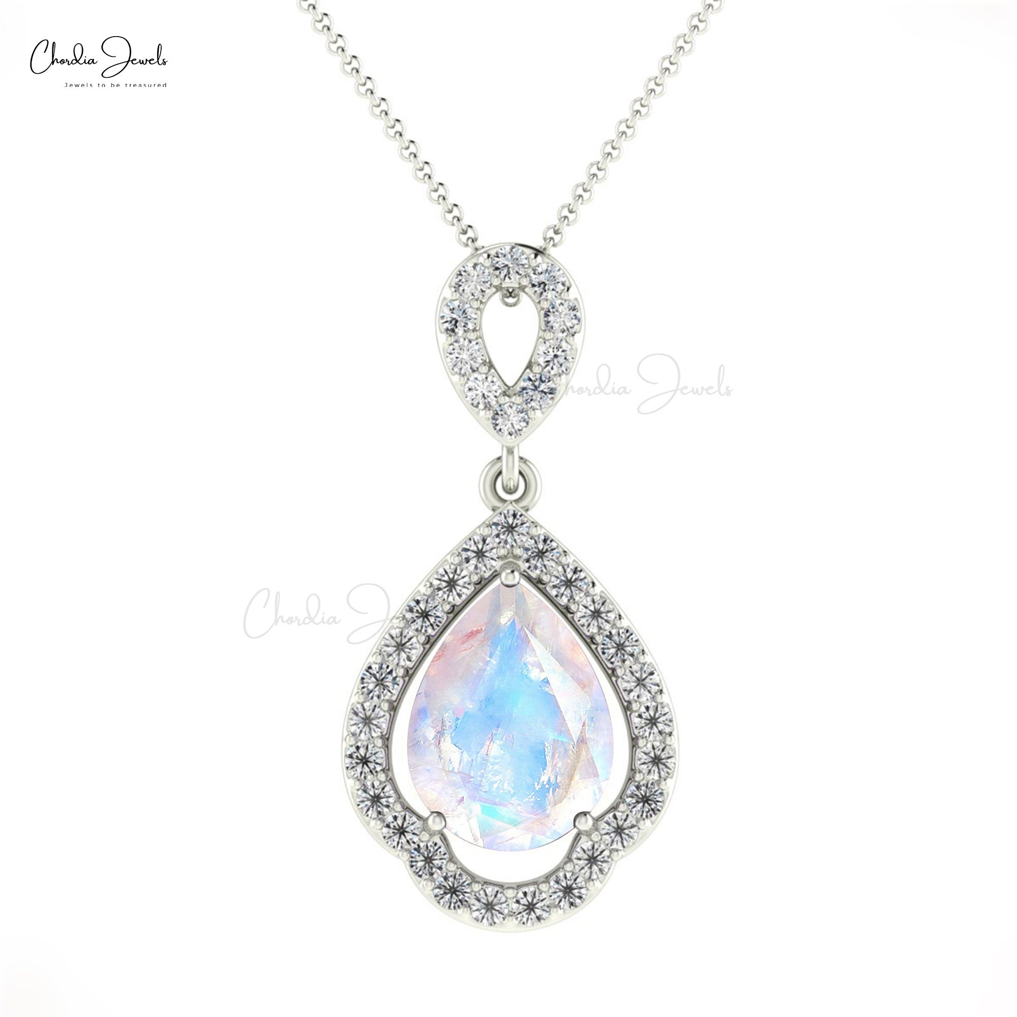 Pure 14k Gold Art Deco Pendant In 8x6mm Rainbow Moonstone And Diamond Unique Jewelry