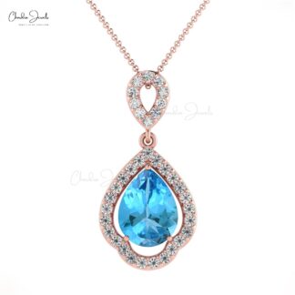 Pear Cut Swiss Blue Topaz & Round Cut Diamond Art Deco Pendant