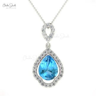 Pear Cut Swiss Blue Topaz & Round Cut Diamond Art Deco Pendant