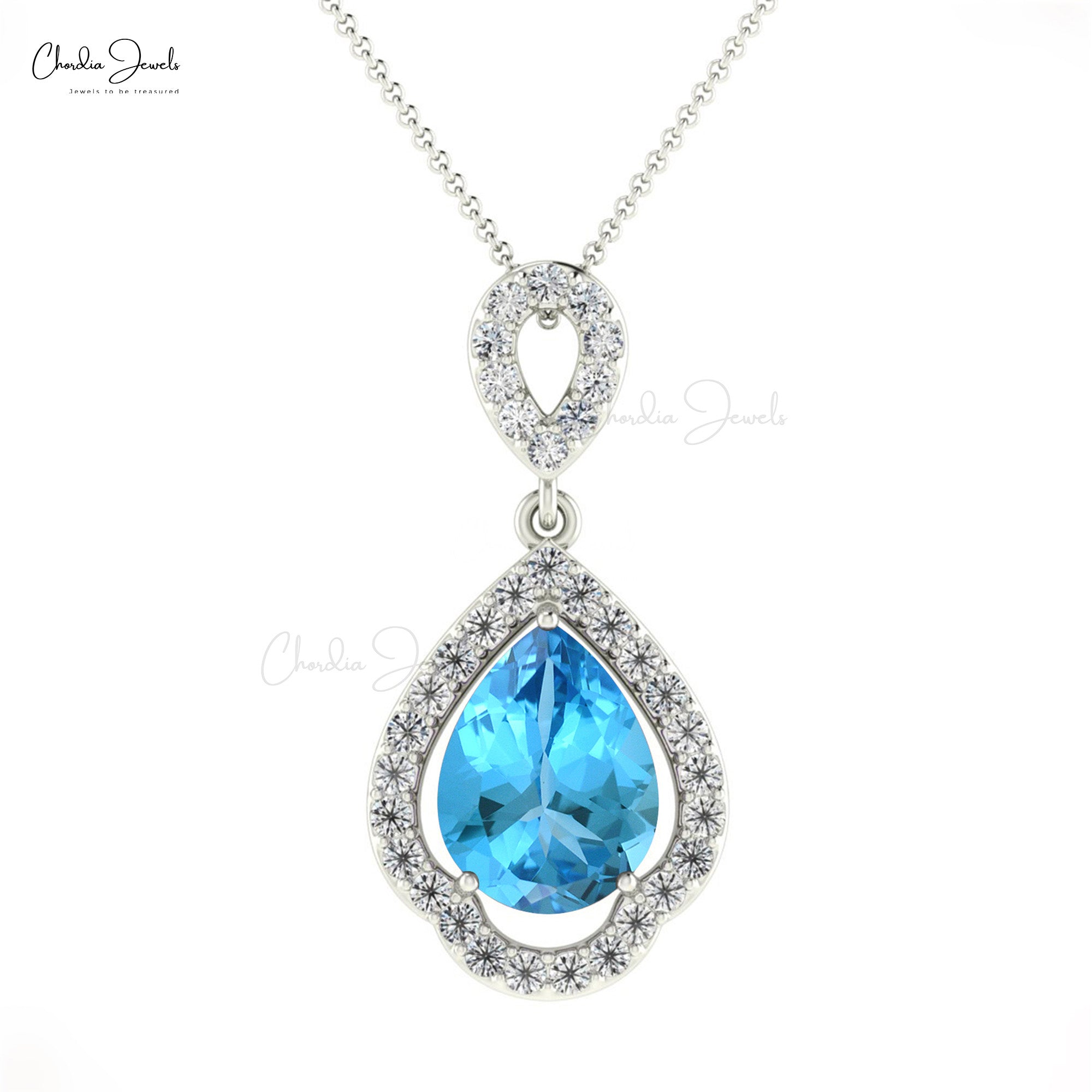 Pear Cut Swiss Blue Topaz & Round Cut Diamond Art Deco Pendant