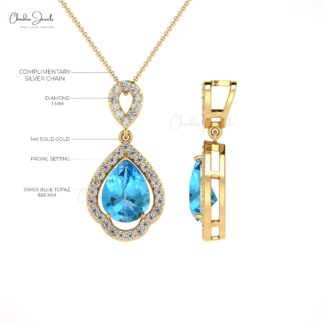 Pear Cut Swiss Blue Topaz & Round Cut Diamond Art Deco Pendant