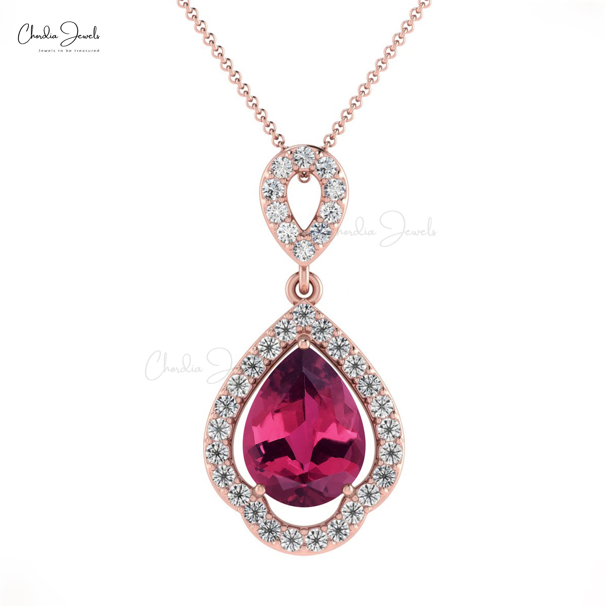 Art Deco Teardrop Pendant In 14k Solid Gold Tourmaline 8x6mm Gemstone Diamond Pendants