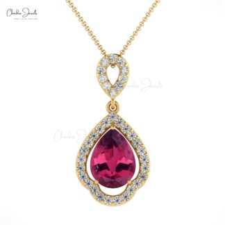 Art Deco Teardrop Pendant In 14k Solid Gold Tourmaline 8x6mm Gemstone Diamond Pendants