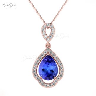 Dangle Art Deco Pendant In 14k Solid Gold Tanzanite 1. Ct Pear Cut And Diamond Necklace