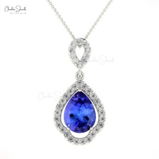 Dangle Art Deco Pendant In 14k Solid Gold Tanzanite 1. Ct Pear Cut And Diamond Necklace