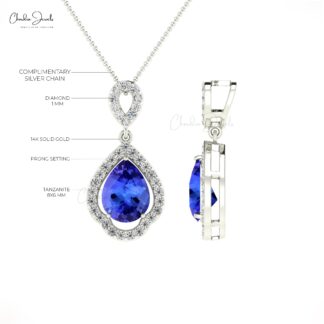 Dangle Art Deco Pendant In 14k Solid Gold Tanzanite 1. Ct Pear Cut And Diamond Necklace