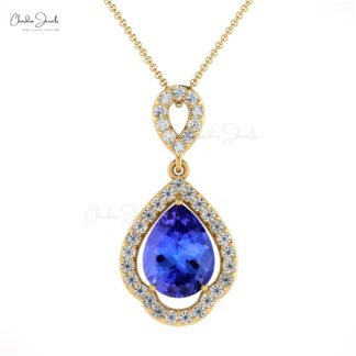 Dangle Art Deco Pendant In 14k Solid Gold Tanzanite 1. Ct Pear Cut And Diamond Necklace