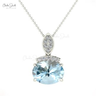 Natural Aquamarine Dainty Pendant In 14k Solid Gold Gemstone And Diamond Fine Jewelry