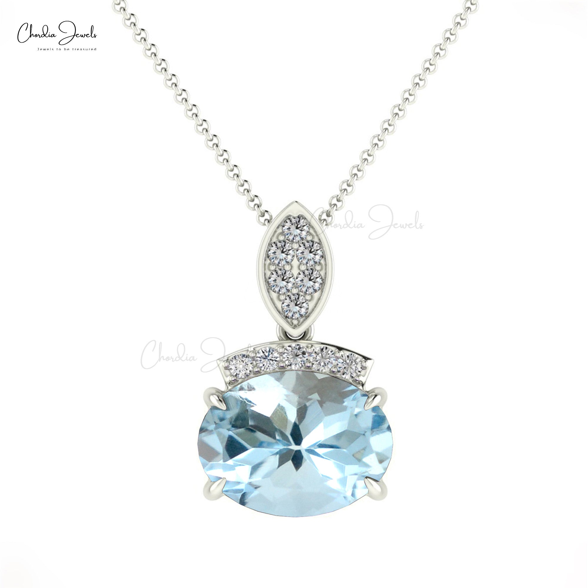 Natural Aquamarine Dainty Pendant In 14k Solid Gold Gemstone And Diamond Fine Jewelry