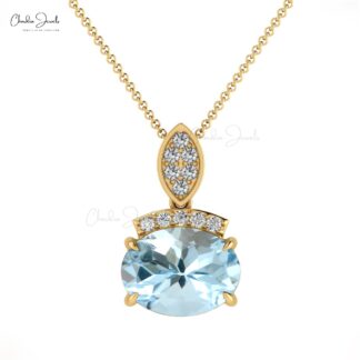Natural Aquamarine Dainty Pendant In 14k Solid Gold Gemstone And Diamond Fine Jewelry